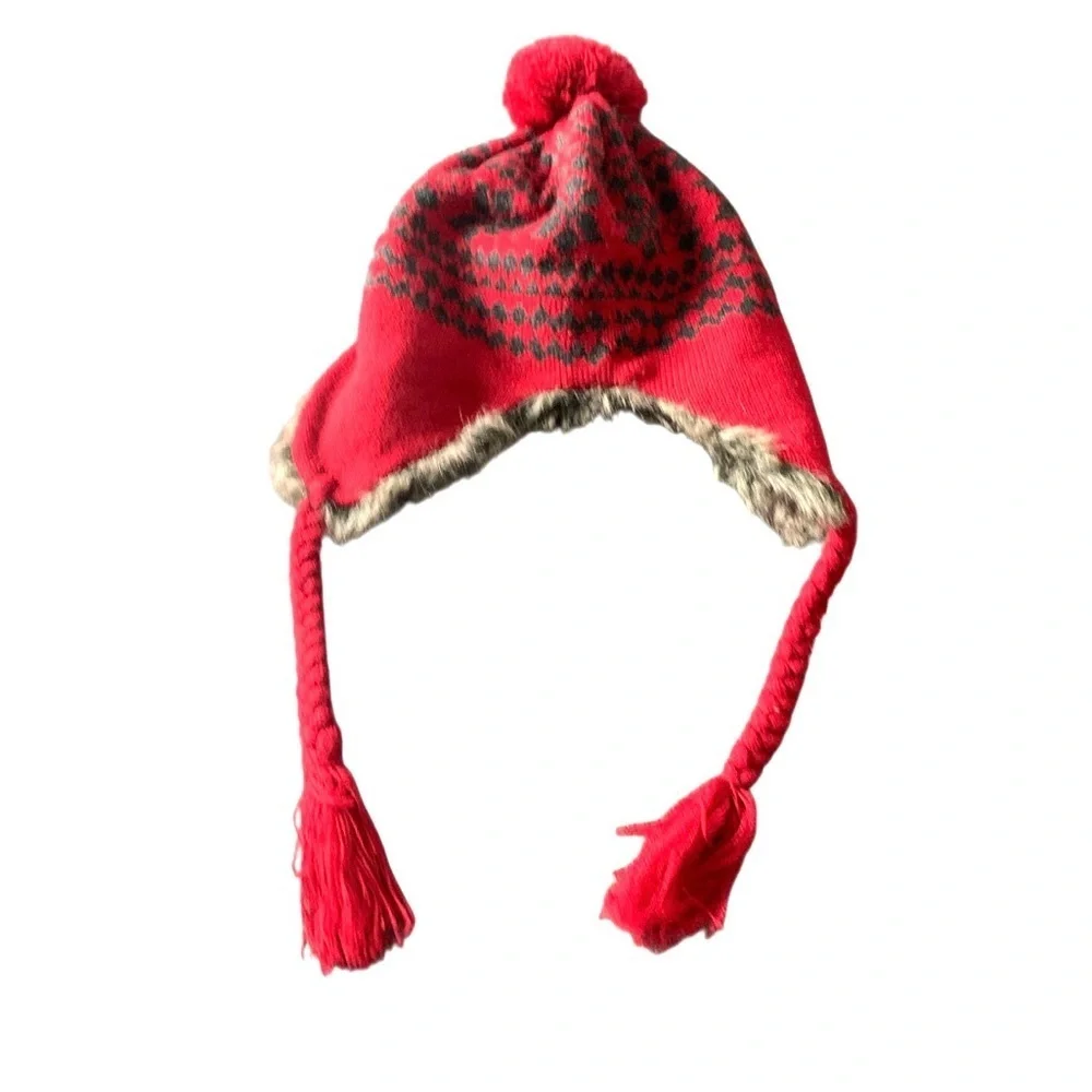 Vintage Faux Fur Christmas Snowflake Ski Winter Hat Red Grey